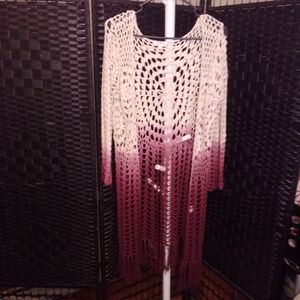Umgee Ombre Cream And Red Crochet Long Sleeve Duster Cardigan With Fringe